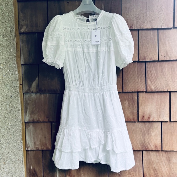 Stellah White Cotton Swiss Dot Dress M Puff Sleeve Lace Trim Tiered Skirt - Picture 3 of 16